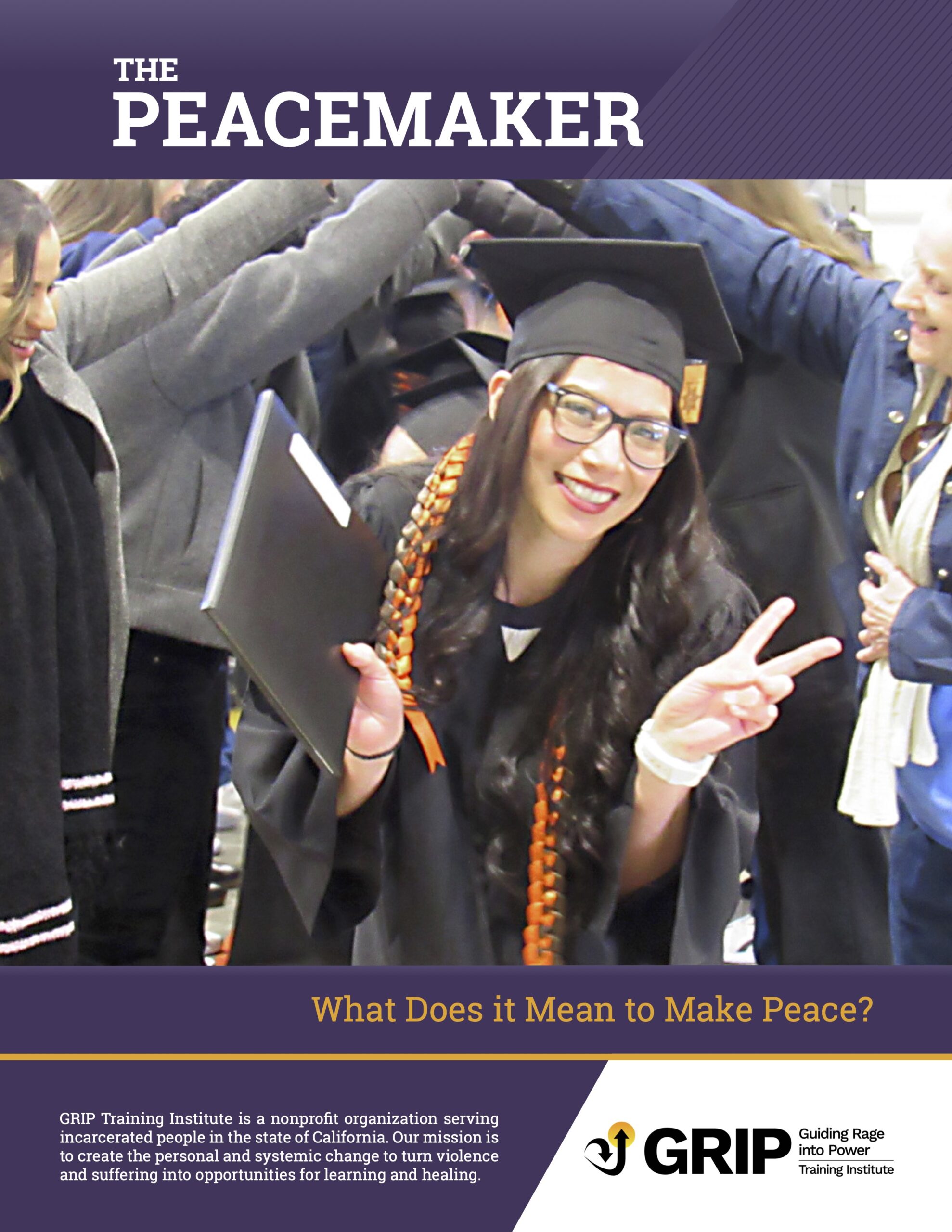 2025-Peacemaker-Magazine-Cover female graduate in cap and gown giving a peace sign